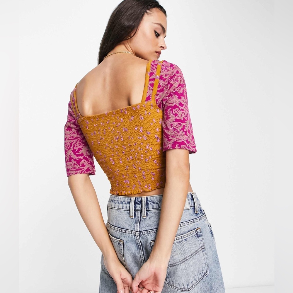FREE PEOPLE Marigold Top - Size Small-Golden Floral Smocked Boho Crop Blouse-NWT - Picture 13 of 16